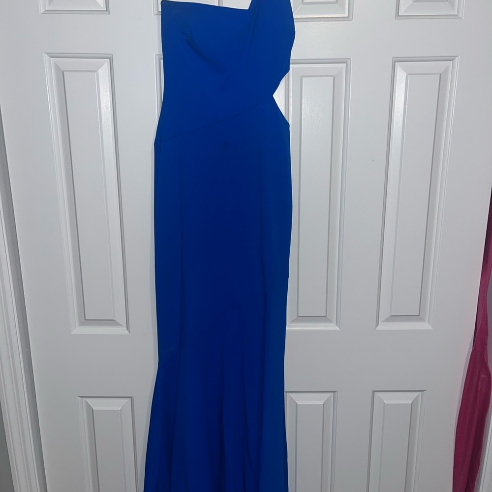 Betsy & Adam One Shoulder Blue Dress
